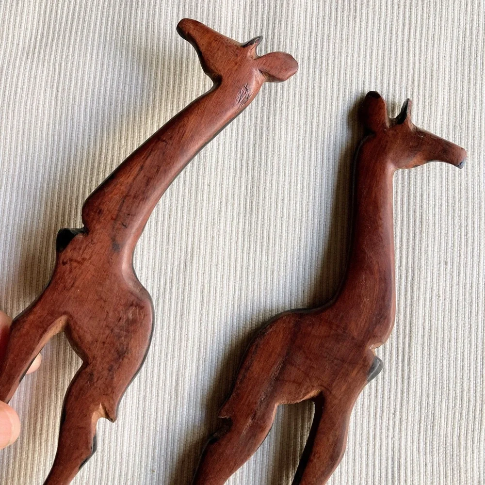 Vintage Hand Carved African Wooden Giraffe Salad Fork Spoon Serving Utensils Set